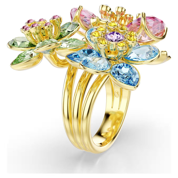 Idyllia ring Mixed cuts, Flower, Multicolored, Gold-tone plated
